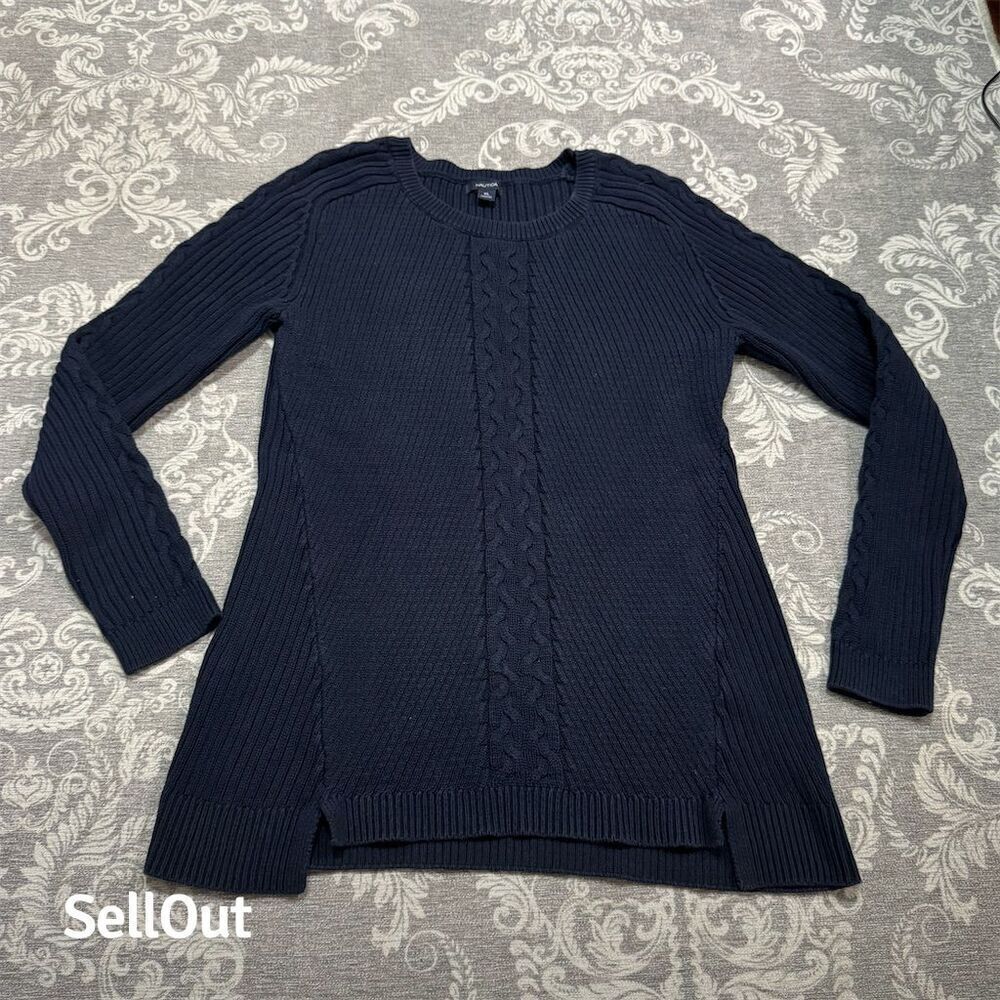 Nautica Women's Standard XL Navy Blue Cable Knit Pullover Sweater Long Sleeve